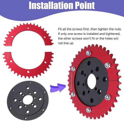 Installation guide for Heavy Duty Split Sprocket Hub Adapter Fits Baja Massimo Mini Bike Go Kart 42 Tooth Gear Replacement.