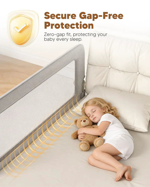 Child sleeping safely with 75 Inch Foldable Toddler Bed Rail With Reinforced Carbon Steel Frame Breathable Washable Fabric Guard