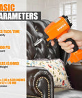 Person using Lightweight Pneumatic Decorative Nailer For Upholstery And Leather Furniture on brown sofa