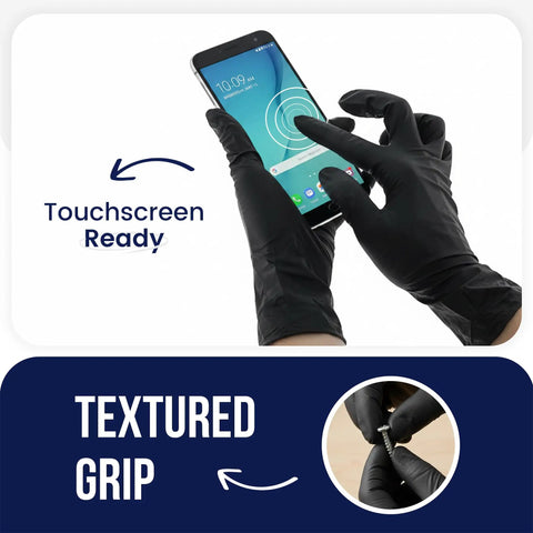 Real Deal Top Shelf Black Nitrile Gloves Box Of One Hundred Powder Free Latex Free Extra Large shown using touchscreen devices.