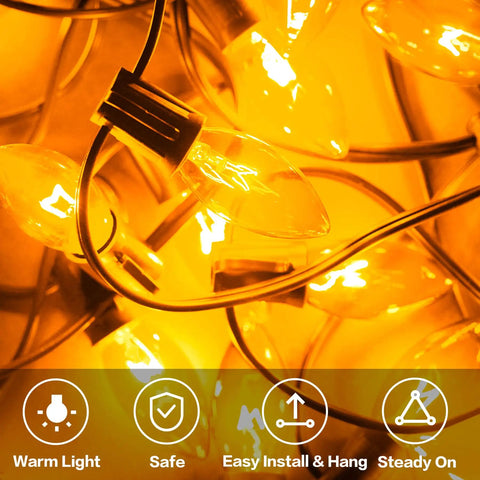 Close-up of Clear C9 Christmas String Lights 50Ft On Green Wire With 54 Bulbs For Outdoor Patio Roofline Indoor Garden Party Holiday Decor