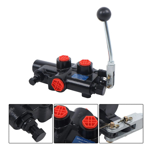 2750 PSI Hydraulic Log Splitter Directional Control Valve with Auto Return Detent Lever and 21 GPM Flow, shown close-up.