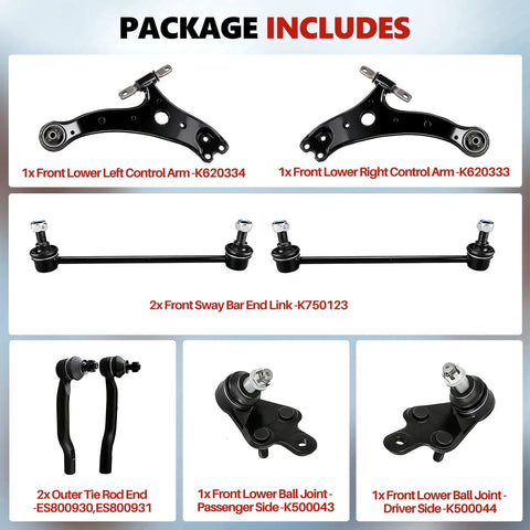 Toyota Front Lower Control Arm 8pc Kit Fits Camry 2012 to 2017 and Avalon 2013 to 2018 Includes Front Lower Left and Right Control Arms Sway Bar End Links Outer Tie Rod Ends Premium Replacement Suspension Parts: kit contents