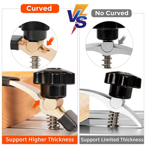 4 Piece Mini Hold Down Clamp Kit For CNC Routers Ideal For Woodworking And Metalworking Compatible With 3018 Series Machines Like 3018 Pro Max And 3018 Pro Ultra Compact 65mm Long 20mm Wide 62mm High Clamps That Grip Materials Up To 1.77 Inches showing curved vs no curved clamp support
