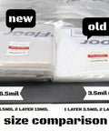 Size comparison of Clear Plastic Dust Collector Bags for Woodworking Systems, showing new 6.5 mil and old 3.5 mil thicknesses
