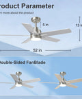 52 Inch Brushed Nickel Ceiling Fan With Integrated Light And Remote Serving Up Chill Breeze And Reversible Wood Blades, showing dimensions and blade style.
