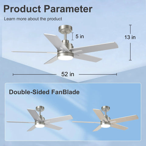 52 Inch Brushed Nickel Ceiling Fan With Integrated Light And Remote Serving Up Chill Breeze And Reversible Wood Blades, showing dimensions and blade style.