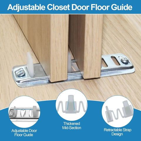 Sliding Closet Door Floor Guide Kit For 3/4 Inch To 1-3/8 Inch Doors, Adjustable Stamped Steel, shown installed with wood doors