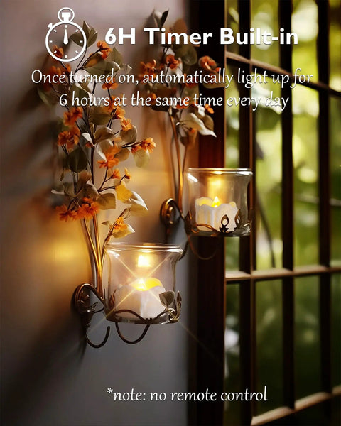 Wall-mounted glass holders with 12 Pack Flameless Tea Lights With Timer Auto On For 6 Hours, Off 18 Hours Everyday, Warm Glow
