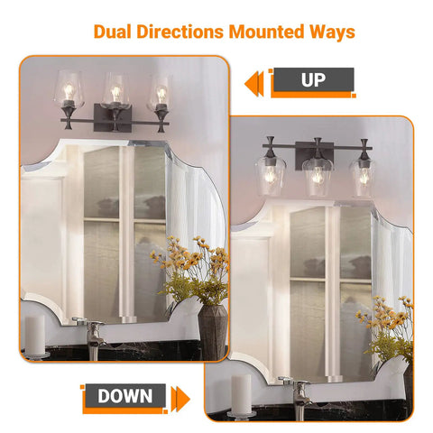 3 Light Bathroom Vanity Light Fixture With Metal Modern Frame, Industrial Over Mirror Lighting, dual direction mount