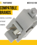 WE01X31004 Latch Replacement For General Electric Dryers, heavy-duty repair part shown in grey, compatible with various brands.