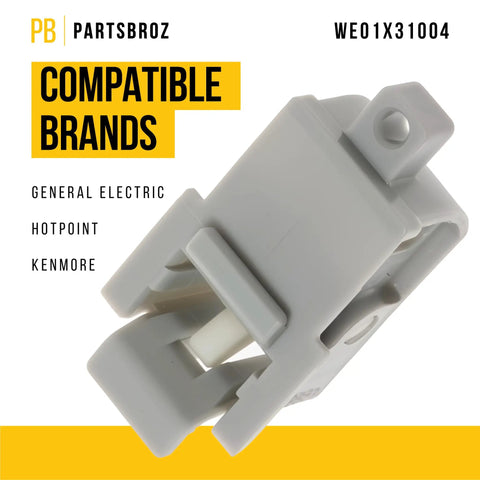 WE01X31004 Latch Replacement For General Electric Dryers, heavy-duty repair part shown in grey, compatible with various brands.