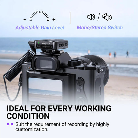 Wireless Lavalier Microphone System For iPhone Android And Cameras 2 Pack Cordless Lapel Mics on a camera by the beach