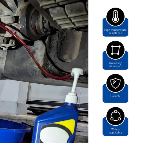 Complete Heavy Duty Manual Transmission Fluid Pump Kit With 3 8 Swivel Adapter For Slick Oil Transfer and No Sweat Fluid Changes On Cars Trucks And Suvs, oil bottle and pump in action