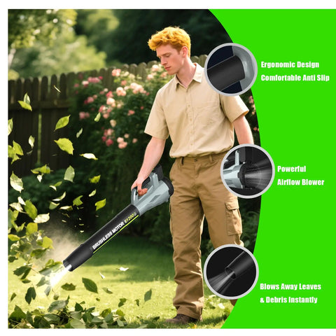 Man using Cordless Leaf Blower With Dual 4.0Ah Batteries And Charger, 6 Speed Modes For Hassle Free Yard Cleanup Of Leaves Dust And Debris