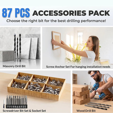 87 PCS Accessories Pack with Masonry Drill Bit, Screw Anchor Set, and Wood Drill Bit for enhanced drilling performance.