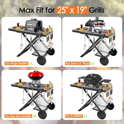 Foldable Grill Cart For Blackstone 17 And 22 Inch Tabletop Griddles And Weber Q Series Grills with multiple setups