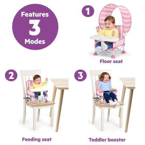Child using Pop N Sit Cabana Baby Beach Portable Booster Chair With UPF Canopy Removable Tray in three modes at home