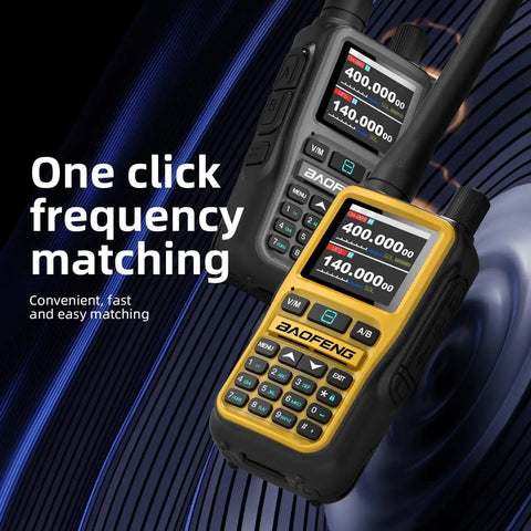 Two Pack Mini Ham Radio Long Range Handheld Two Way Radio With Bluetooth App Programming 999 Channels One-Key Copy NOAA Weather Alerts USB-C Charging Dual Band Walkie Talkies Green shown with one-key frequency matching feature.