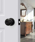 Six Pack Matte Black Interior Privacy Door Knobs For Bedroom Or Bathroom Classic Round Doorknobs Hardware Set on white door open to bathroom