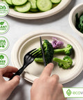 Fully Compostable 380 Piece Cutlery Set With 7 Inch Forks Spoons And Knives In Black Tray Eco Friendly Durable Heat Resistant Plastic Alternative For Parties And Events Great For Camping Picnic Catering And Office Lunches. Black compostable fork and knife on a plate with vegetables.