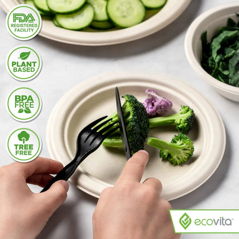 Fully Compostable 380 Piece Cutlery Set With 7 Inch Forks Spoons And Knives In Black Tray Eco Friendly Durable Heat Resistant Plastic Alternative For Parties And Events Great For Camping Picnic Catering And Office Lunches. Black compostable fork and knife on a plate with vegetables.