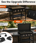 Premium Steel Hinge And Handle Kit Converts Removable Lids To Flip Up Covers Compatible With 28 36 44 Inch Outdoor Griddles, before and after transformation.
