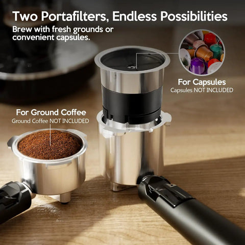 Close-up of two portafilters for the 20 Bar Espresso Machine Semi Automatic Home Barista Coffee Maker With Milk Frother Steam Wand.
