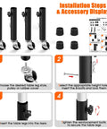 Installation steps for Straight Up Heavy Duty Metal Furniture Legs With Smooth Roll Caster Wheels Four Pack, showing adjustable risers and accessories.