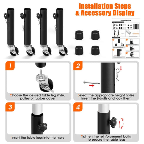 Installation steps for Straight Up Heavy Duty Metal Furniture Legs With Smooth Roll Caster Wheels Four Pack, showing adjustable risers and accessories.