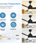 Ceiling Fan With Lights And Remote Control 48 Inch Black Finish Dimmable LED Light Quiet Silent Motor 3 Blades features color temperature options.