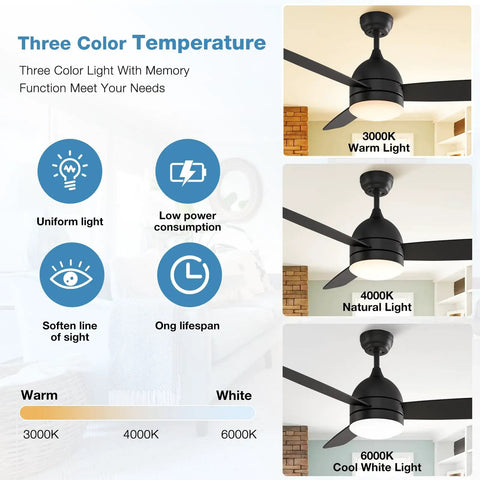 Ceiling Fan With Lights And Remote Control 48 Inch Black Finish Dimmable LED Light Quiet Silent Motor 3 Blades features color temperature options.