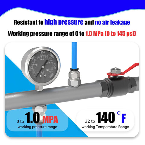Pressure gauge on pneumatic fitting showing 1.0 MPa, part of 12 Pack Push To Connect Pneumatic Fittings Three Eighths Inch OD Tube To Three Eighths Inch NPT Thread Male Straight Quick Connect Air Line Hose Fittings Accessories For Air And Vacuum.