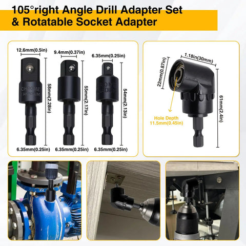 105° right angle drill adapter set showing dimensions and installation, part of 38 Piece Flexible Drill Bit Extension Set.