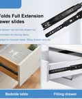3 folds full extension drawer slides shown with installation on bedside and filling drawer