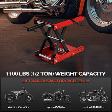 Beefy 1100 Lbs Motorcycle Scissor Lift Jack With Height Adjustable Range Rubber Top Surface And Safety Pin Foldable Center Stand For Dirt Bikes And ATVs Red, shown lifting motorcycle