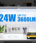 Ultra Bright 24W 3600LM 6500K D Shape T8 LED Shop Light illuminating a workbench with various tools and a plant