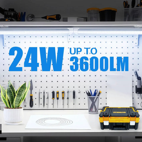 Ultra Bright 24W 3600LM 6500K D Shape T8 LED Shop Light illuminating a workbench with various tools and a plant