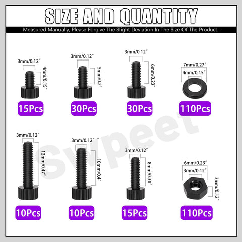 Chart showing quantities and sizes of the 330Pcs M3 Nylon Hex Socket Screws Nuts With Washers Kit Six Sizes Black Plastic Hex Head Cap Screws.