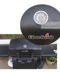Stainless Steel BBQ Charcoal Grill Thermometer With Large 2.375 Inch Face And 2.875 Inch Stem on a closed Char-Broil grill.