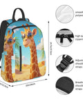 Cool Giraffe Desert Print Sunglasses Dual-Shoulder Backpack, Lightweight Laptop Daypack With Big Capacity For Work Travel Hiking School, Durable Polyester Canvas, Zippered Main Compartment front view.