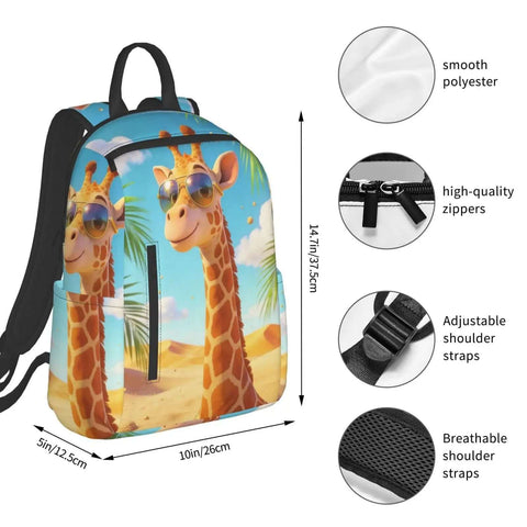 Cool Giraffe Desert Print Sunglasses Dual-Shoulder Backpack, Lightweight Laptop Daypack With Big Capacity For Work Travel Hiking School, Durable Polyester Canvas, Zippered Main Compartment front view.