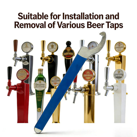 Extended Handle Heavy Duty Steel Galvanized Beer Tap Wrench for Draft Systems displayed with various beer taps