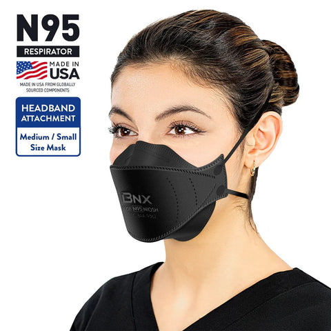 Person wearing NIOSH Certified N95 Mask Particulate Respirator Face Mask Made in USA 20 Pack Tri Fold Cup Fish Style Black for Everyday Use