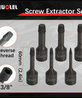 Six Piece Three Eighths Inch Drive Impact Wedge Extractor Set Heavy Duty Easy Out Bolt Remover Kit, 2-10mm sizes visible