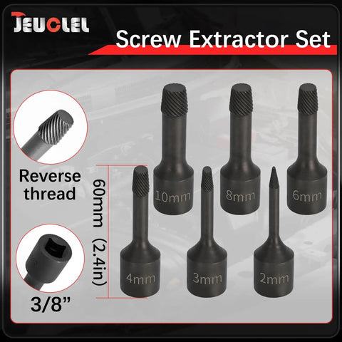 Six Piece Three Eighths Inch Drive Impact Wedge Extractor Set Heavy Duty Easy Out Bolt Remover Kit, 2-10mm sizes visible