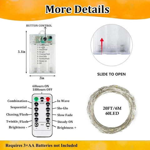 4 Pack 80 Ft 240 LED Fairy Lights Battery Powered With Remote And Timer control box, modes, and light spool
