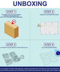 Unboxing steps for Outdoor Wicker Chair Cushions 3 Piece Set, showing package, scissors, cushions, and 24-hour shape setting.