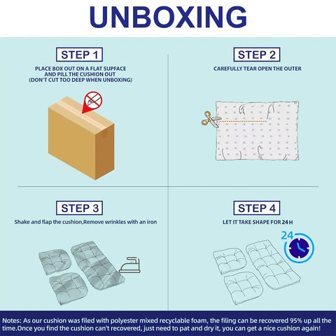 Unboxing steps for Outdoor Wicker Chair Cushions 3 Piece Set, showing package, scissors, cushions, and 24-hour shape setting.