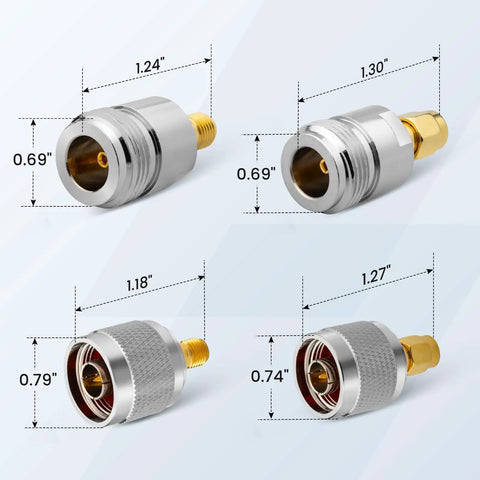 4 Pack SMA To N Type Coax Adapter Kit For Ham Radio, 5G And WiFi Antennas, SMA Male To Female Connectors, detailed view with dimensions